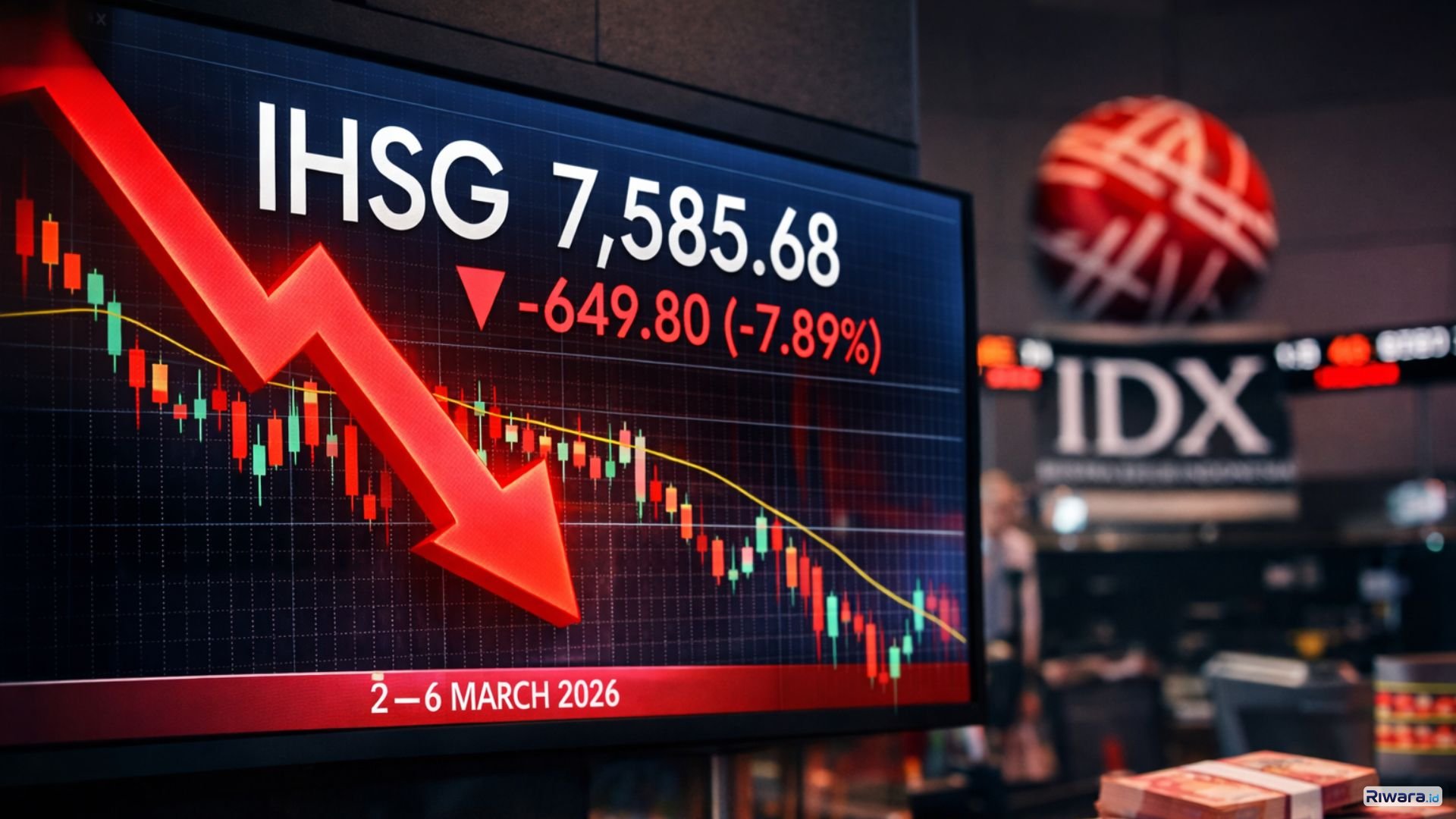 Layar perdagangan di Bursa Efek Indonesia menampilkan pelemahan Indeks Harga Saham Gabungan (IHSG) yang turun 7,89% sepanjang pekan 2&ndash;6 Maret 2026 dan ditutup di level 7.585,687 di tengah aksi jual investor asing di pasar saham domestik.